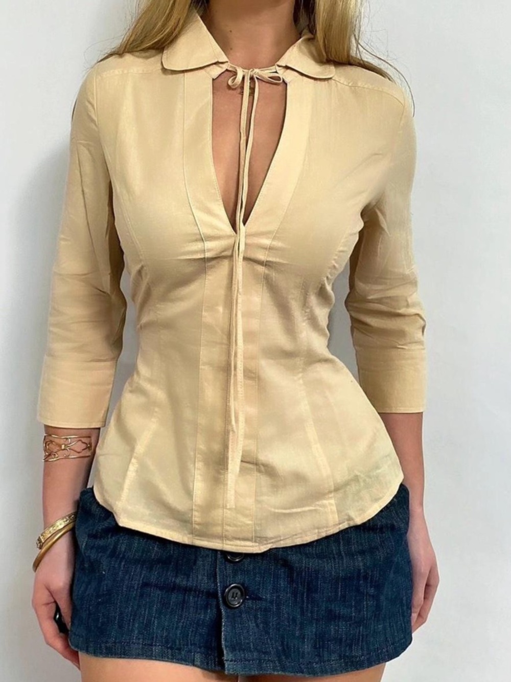 Women's Cream Tie-Neck Blouse